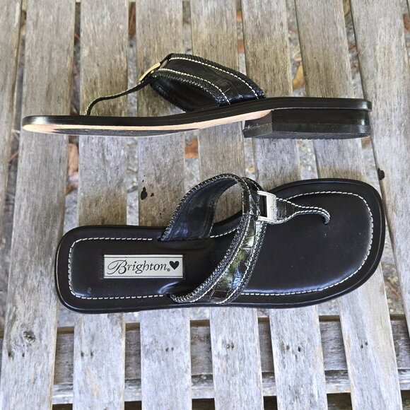BRIGHTON Lenox Black Leather Thong Sandals Shoes 8.5 - Picture 1 of 3